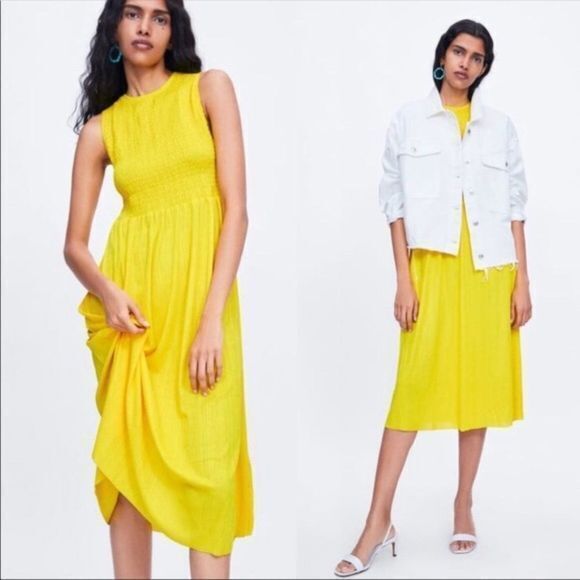 NEW ZARA SMOCKED MIDI DRESS SUNDRESS YELLOW SIZE L - Picture 1 of 4